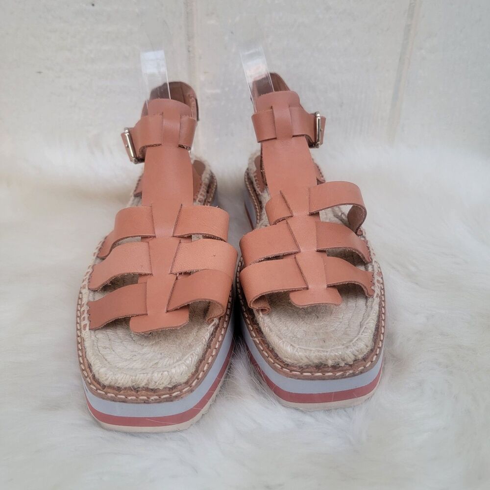 Anthropologie Sporty Platform Espadrille Tan Brown Leather / Raffia size 7.5-8